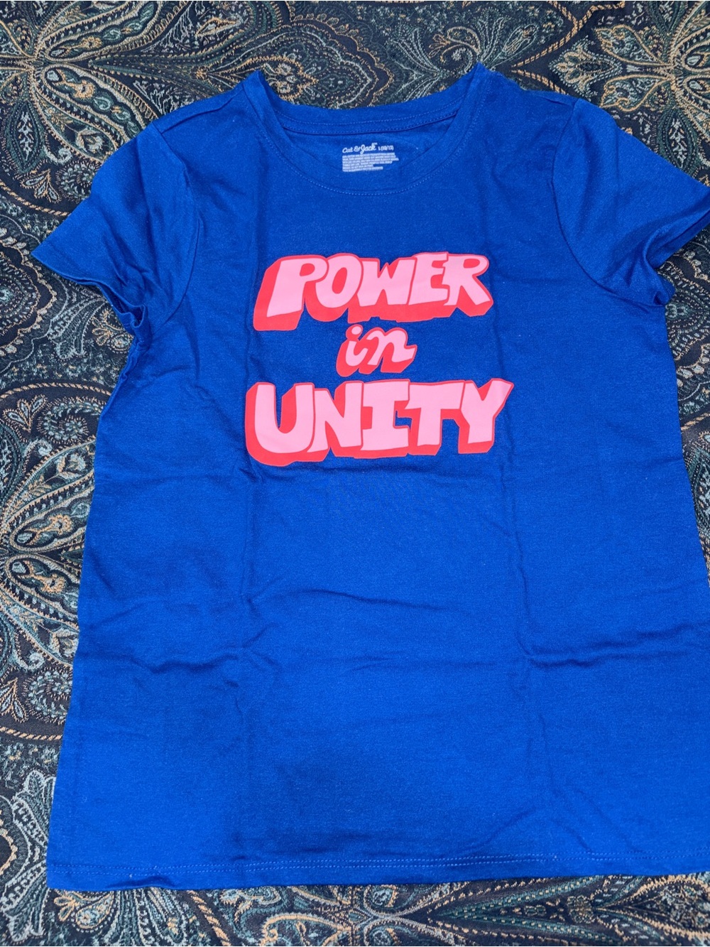Cat & Jack Royal Blue Short Sleeve Tee with Pink Graphic "Power in Unity"